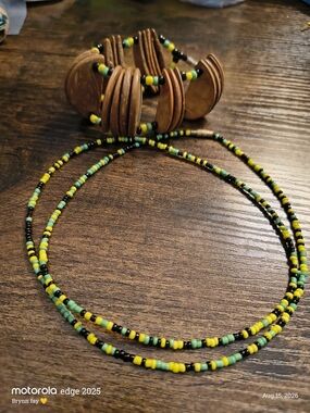 Handcrafted Brown Wood Bracelet and Black/Green/Yellow Beaded Necklace Set